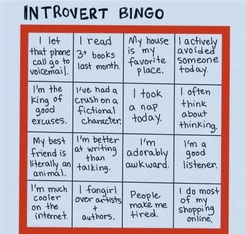 introvert bingo card