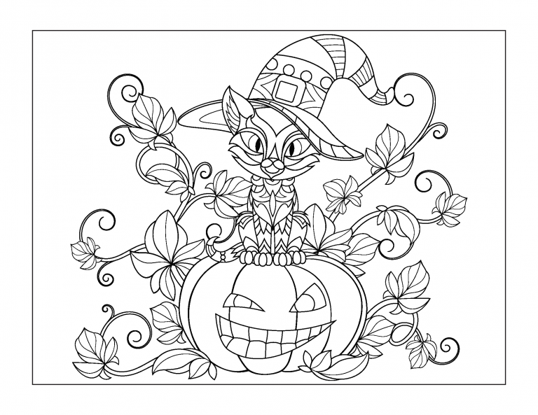 Cat & Pumpkin | scary halloween coloring pages for adults | halloween coloring pages for kids
