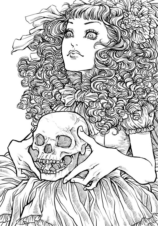 Girl with a Skull | vintage halloween coloring pages | halloween coloring pages simple