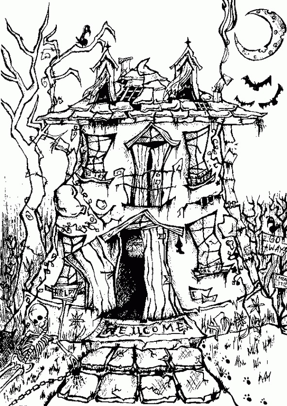 Intricate Haunted House | hard halloween coloring pages for adult | free halloween coloring pages for adult
