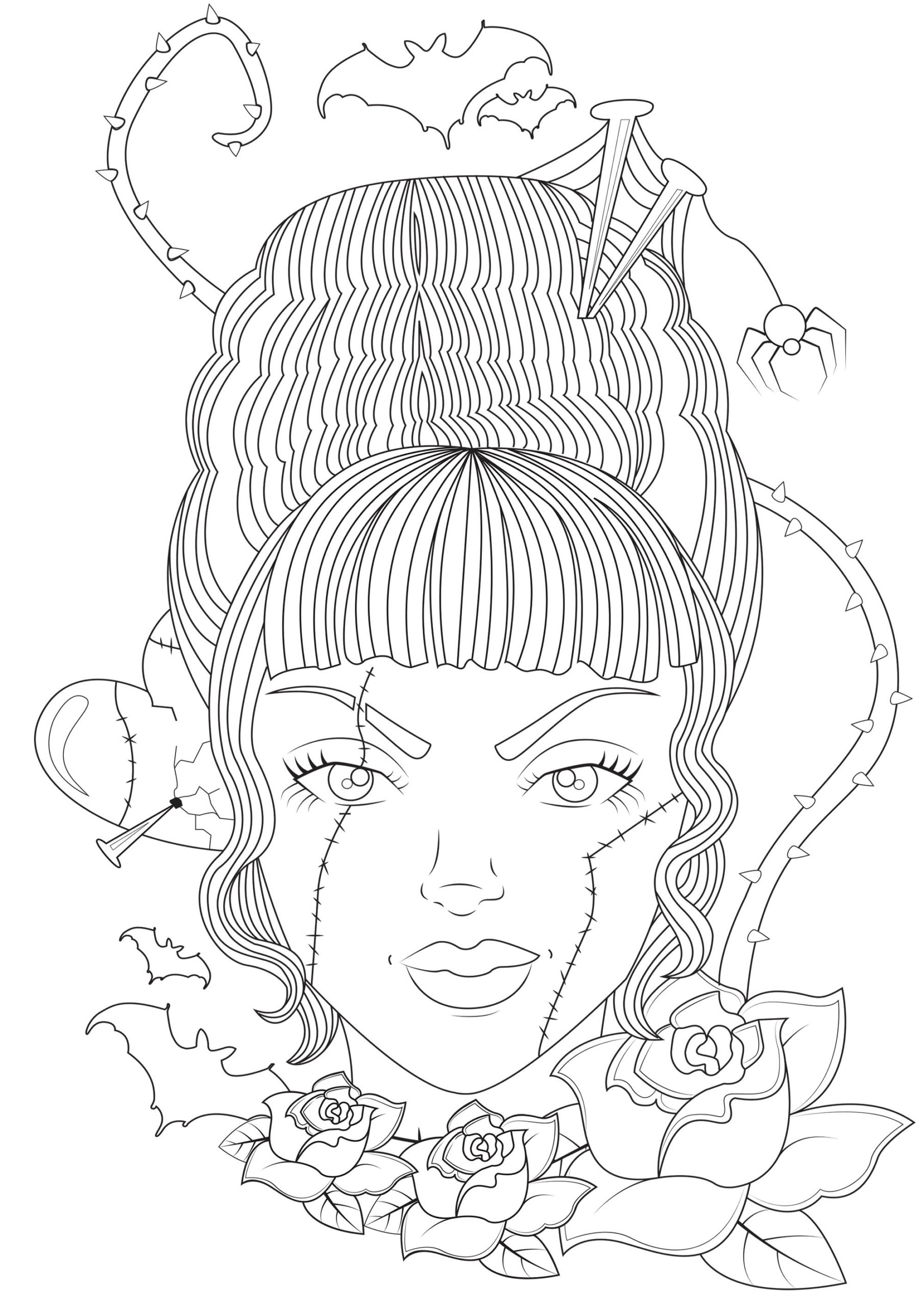 The Bride of Frankenstein | halloween coloring pages for adults easy | horror coloring pages