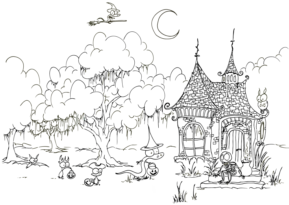 Castle in a Forest | vintage halloween coloring pages | halloween coloring pages simple