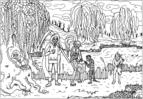 The Gang by the Lake | halloween coloring pages for adult only | hard halloween coloring pages for adult