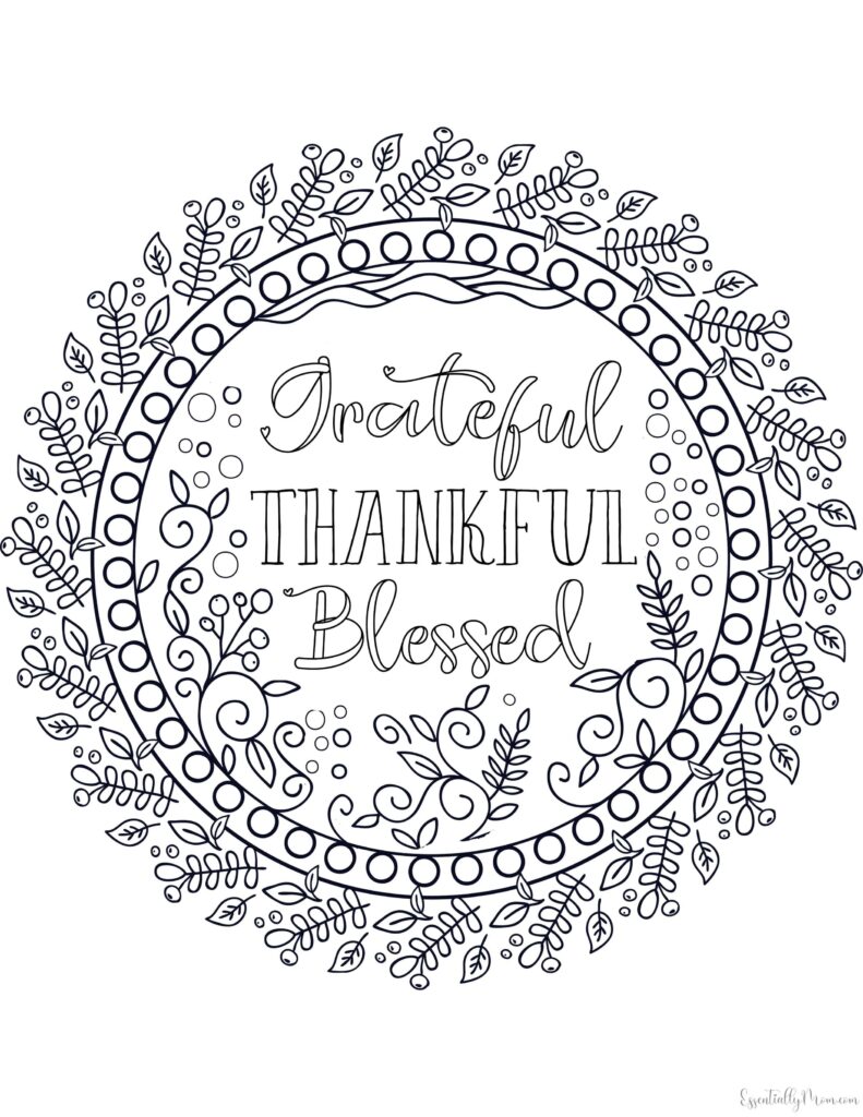 Grateful Thankful Blessed in Circular Mandala | Essentially Mom | cute thanksgiving coloring pages