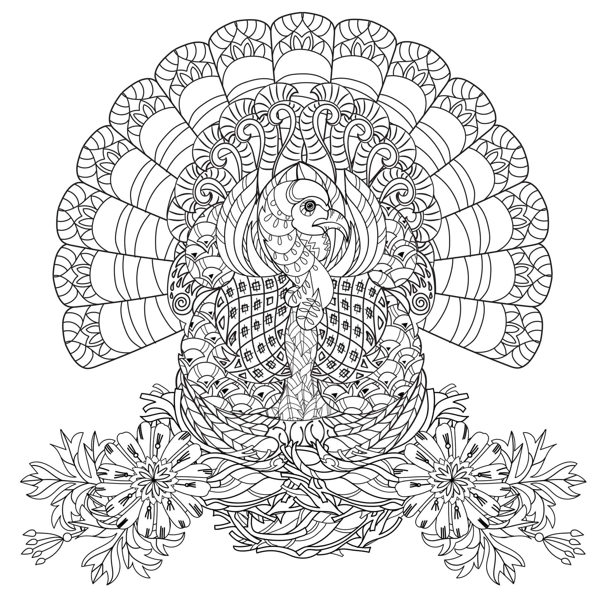 Intricate Turkey Mandala | Just Color | thanksgiving dinner coloring pages