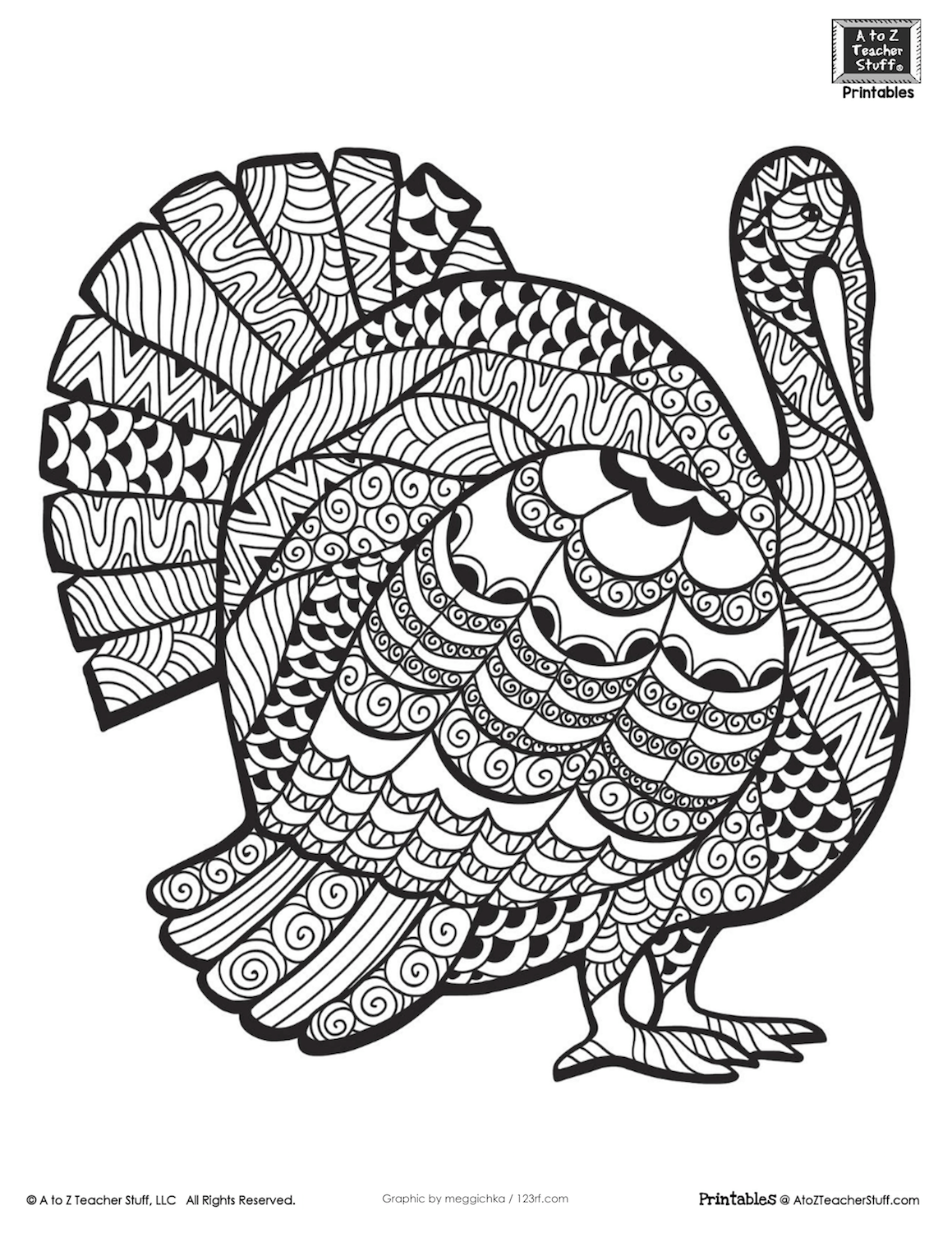 Turkey Mandala | A to Z Teacher Stuff | detailed thanksgiving coloring pages
