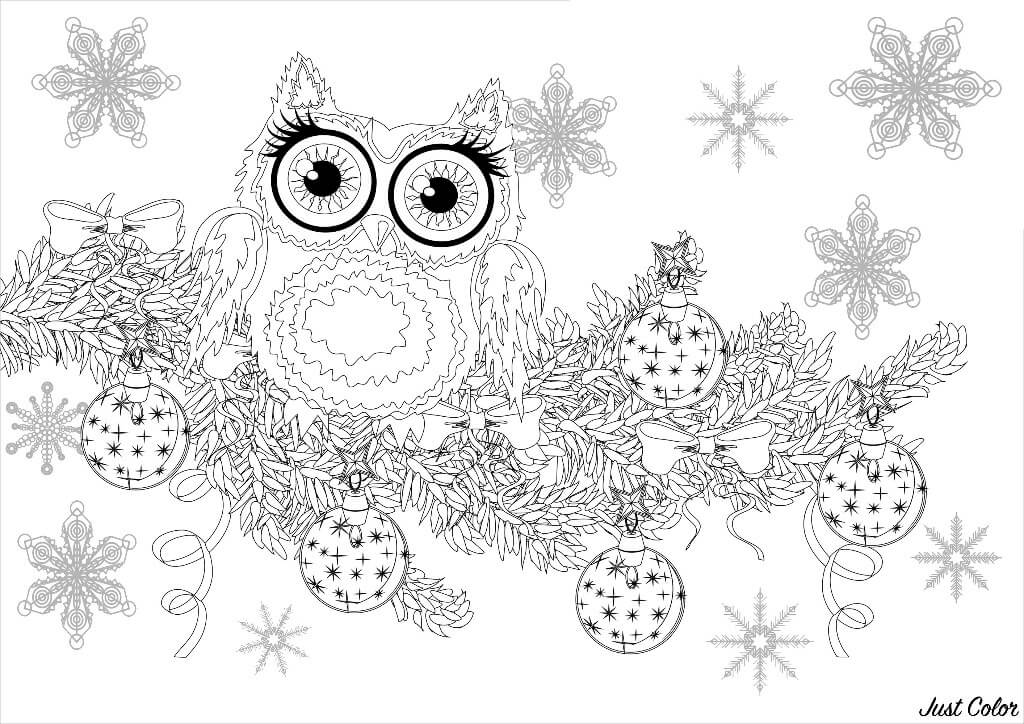 Christmas Owl on a Branch | christmas coloring pages for preschoolers | christmas coloring pages for adults pdf