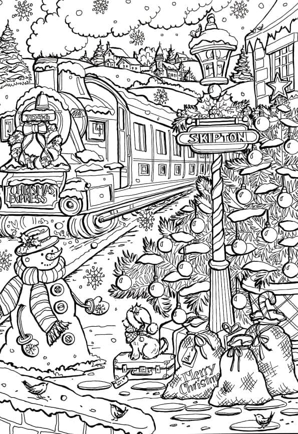 Festive Train Station | nightmare before christmas coloring pages | merry christmas coloring pages