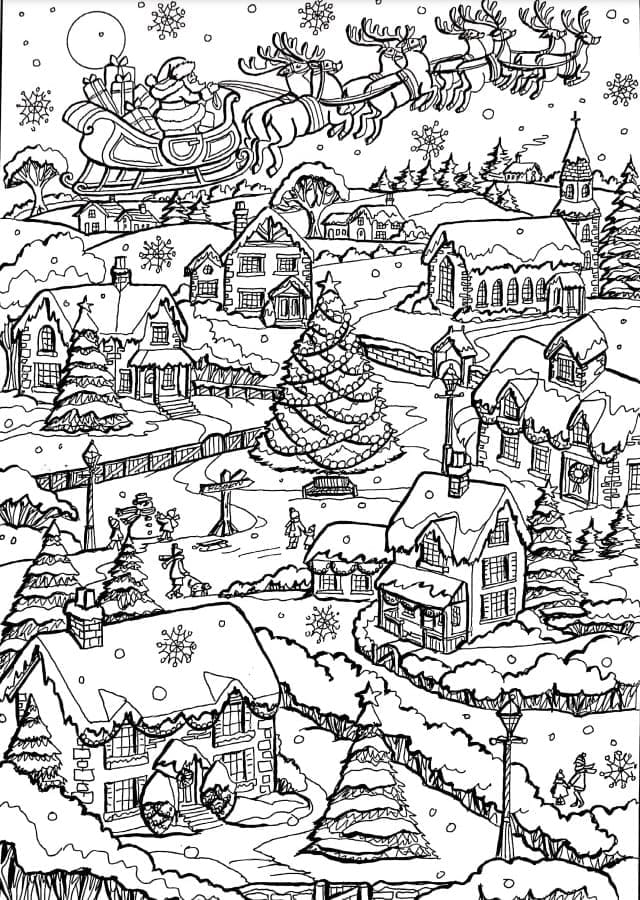 Neighborhood in Winter | christmas coloring pages online | christmas coloring pages disney