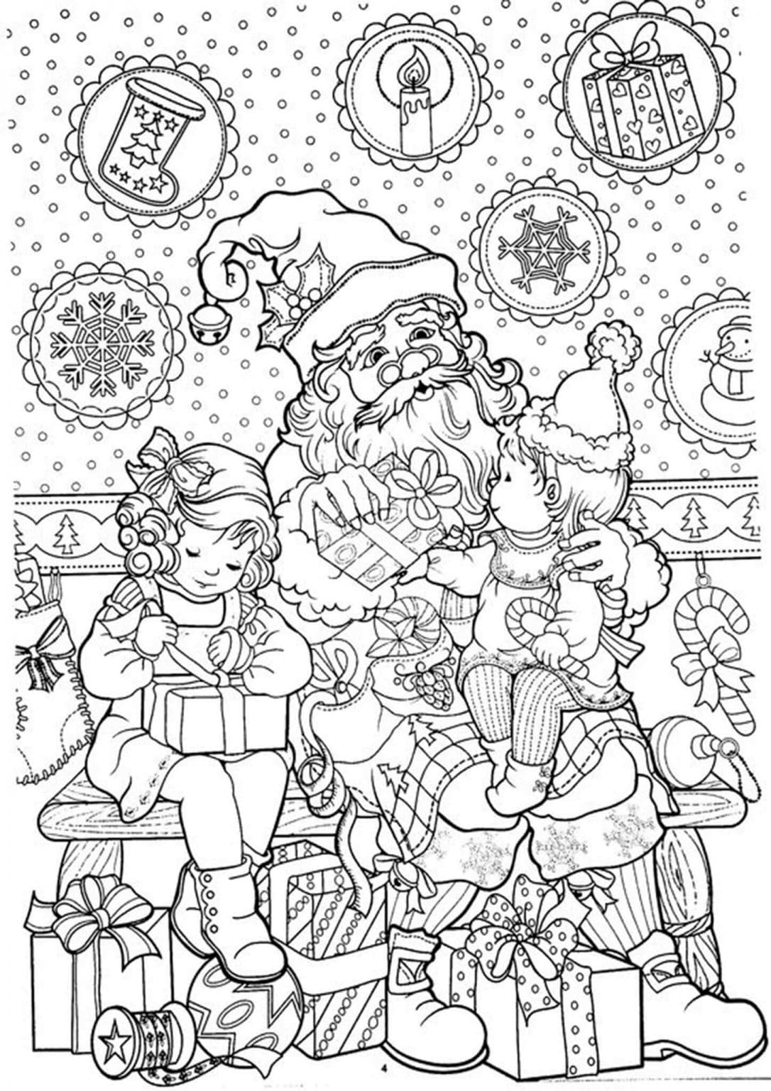 Santa and the Kids | old fashioned christmas coloring pages | easy christmas coloring pages