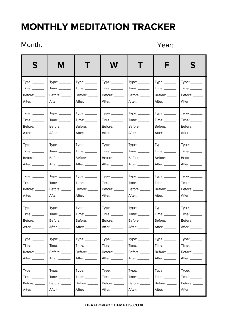 Monthly Meditation Tracker worksheet with Month and Year fields and a 7-column grid for each day’s Type, Time, Before, and After notes on every row of weeks.