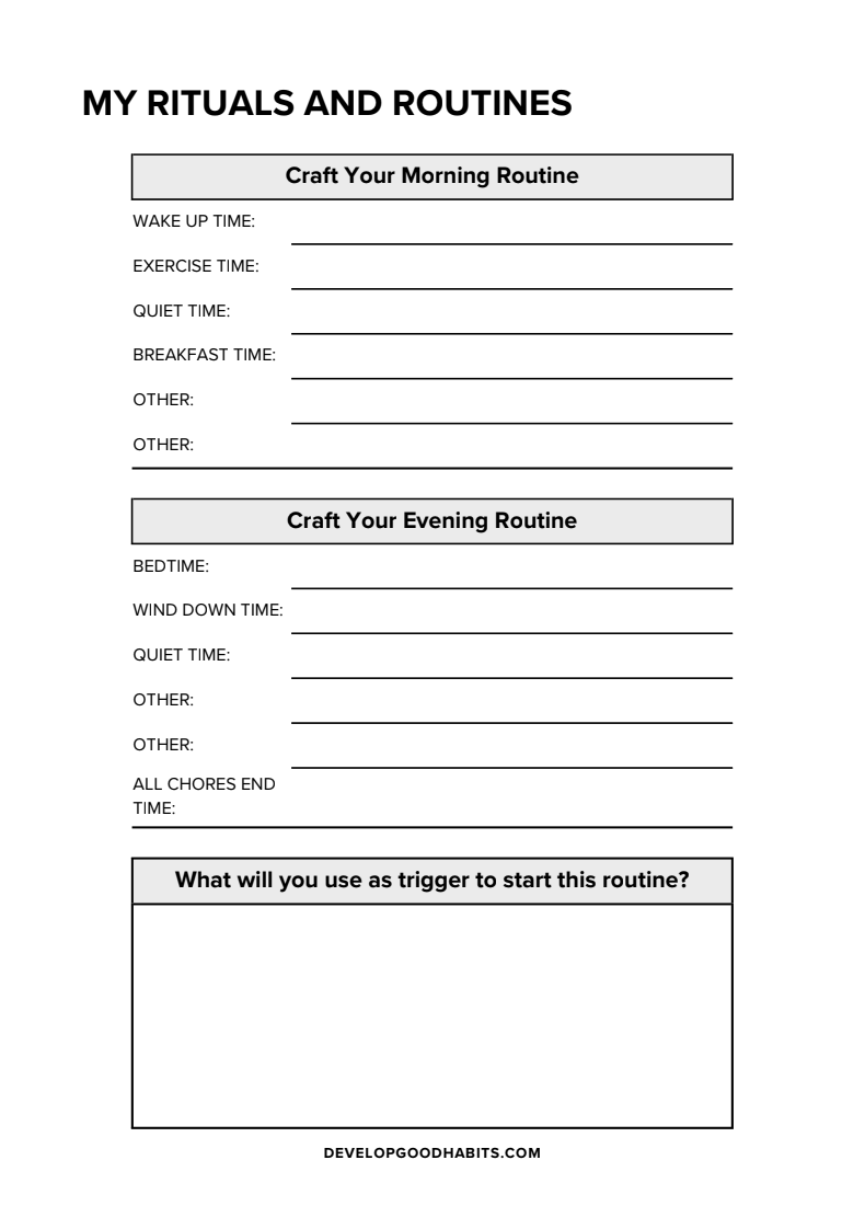 Printable worksheet titled 'MY RITUALS AND ROUTINES' with morning and evening routine sections and blank lines for times and notes. Leading prompt asks for a trigger to start the routine.