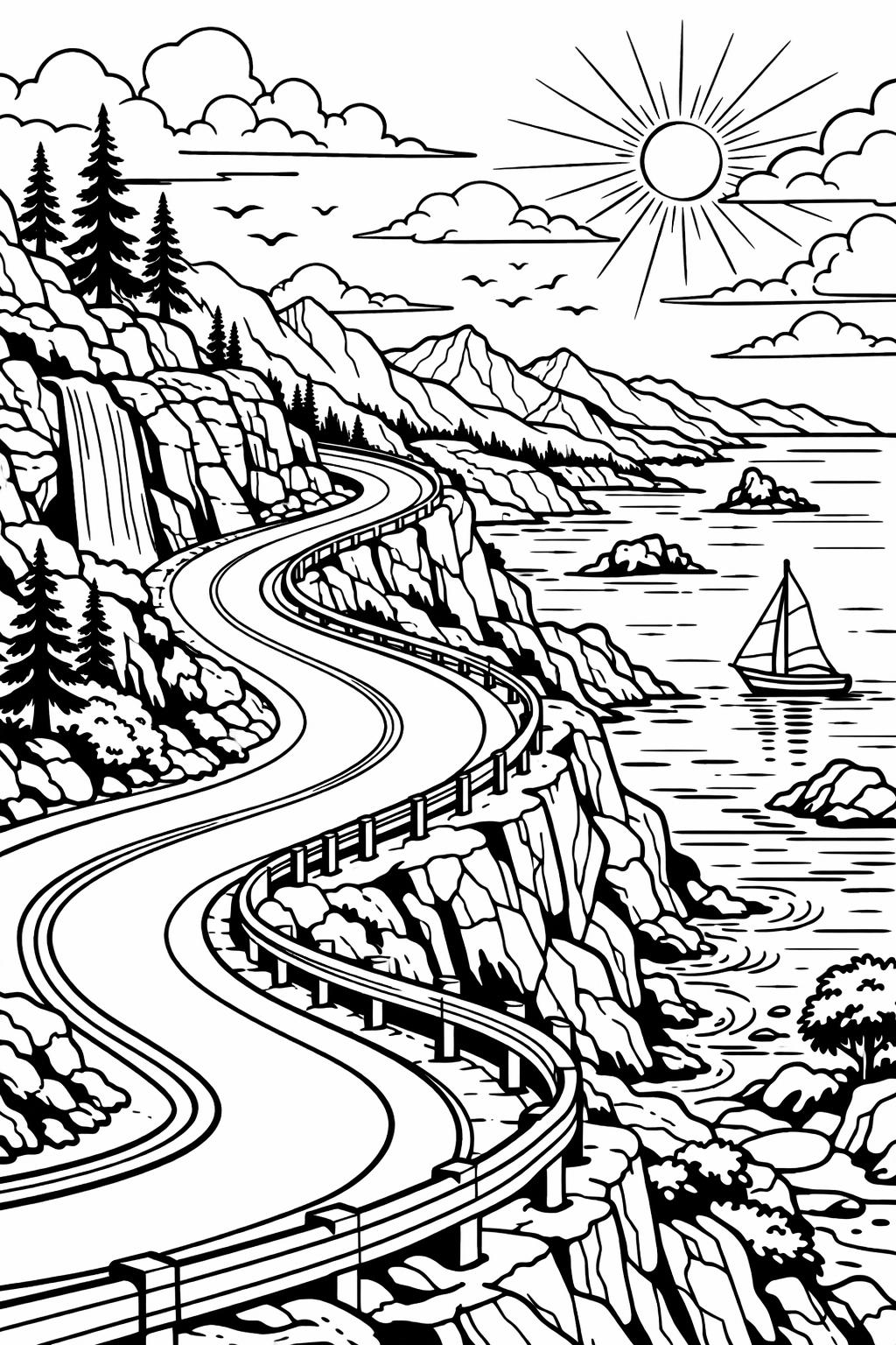 scenic adult coloring page | detailed landscape coloring sheet | relaxing nature scene