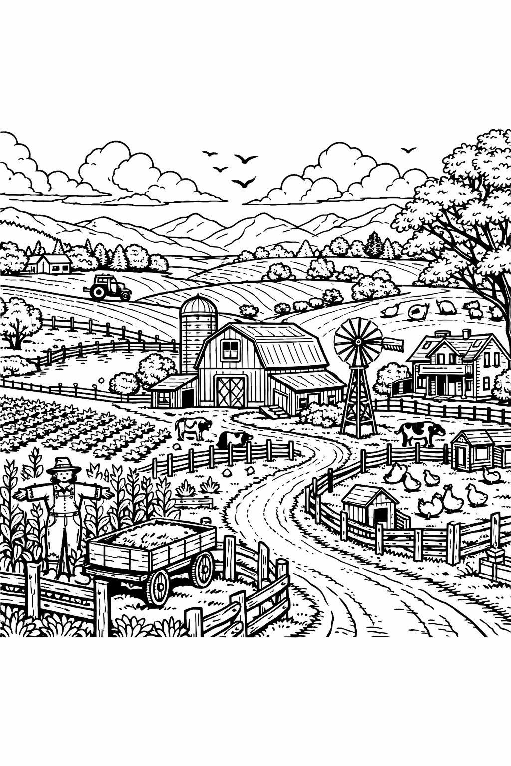 forest scenery coloring page | detailed woodland scene | peaceful nature illustration