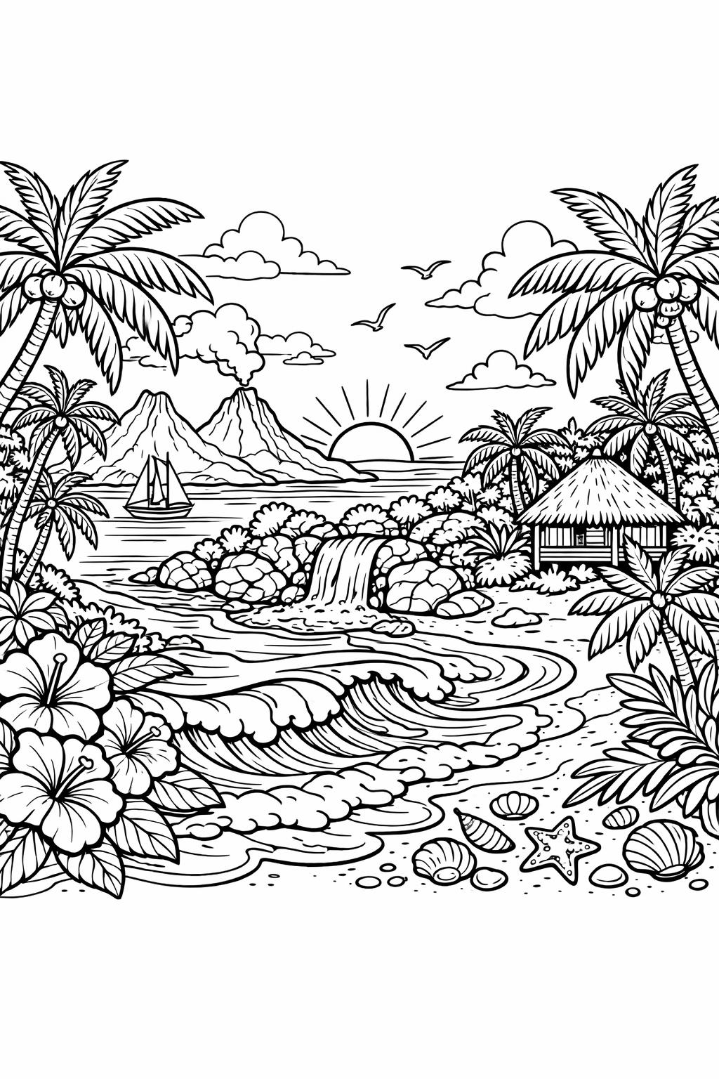 sunset scenery coloring page | horizon sunset line art | calming evening scene