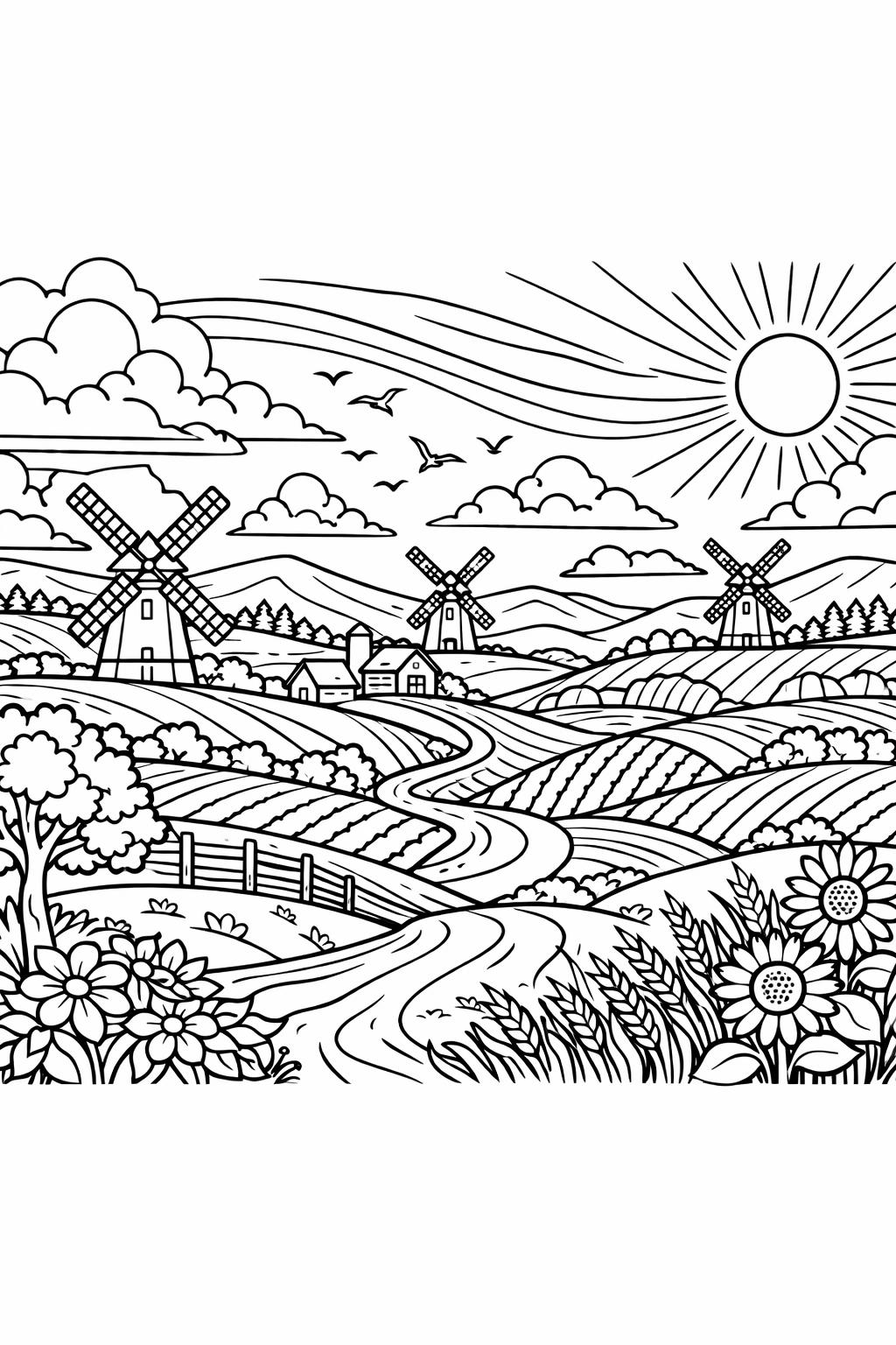 village scenery coloring page | quaint town illustration | peaceful rural scene