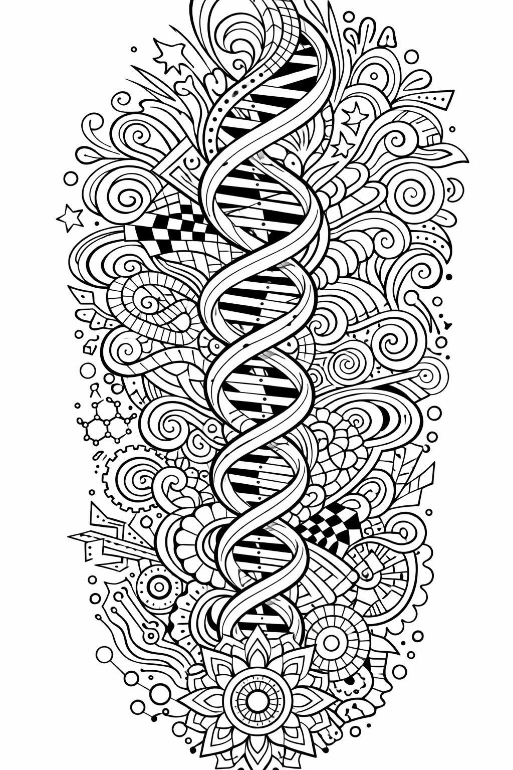 Intricate black‑and‑white Zentangle with a central DNA double helix and surrounding swirls.