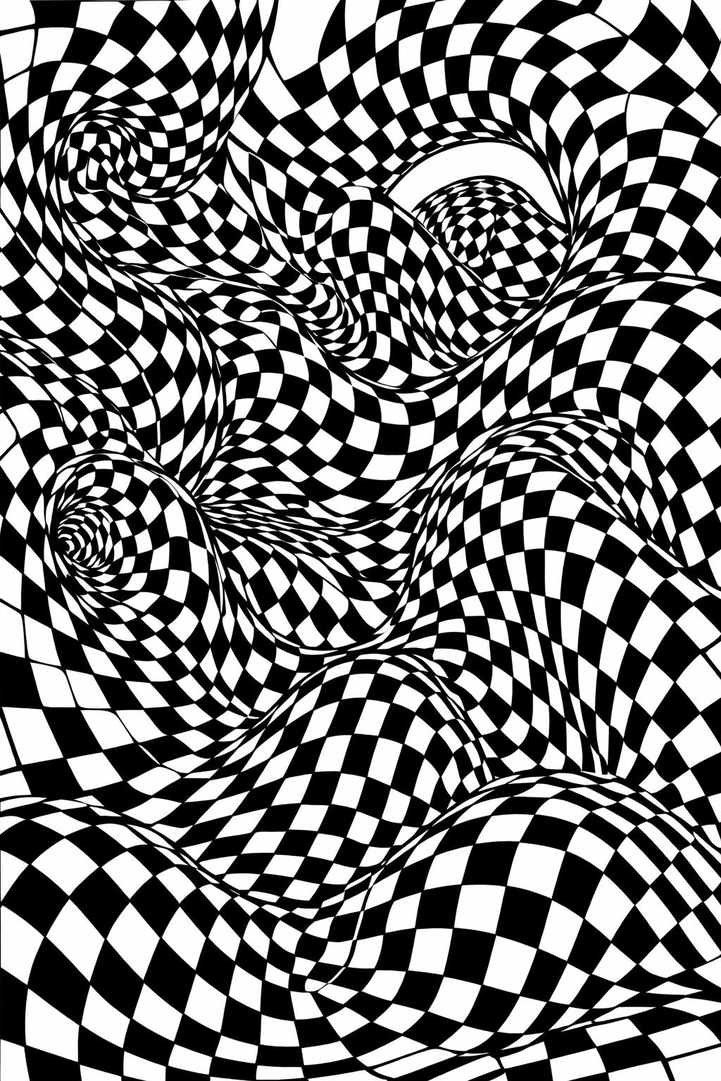 Abstract black-and-white checkerboard pattern with swirling, warped curves creating an optical illusion.