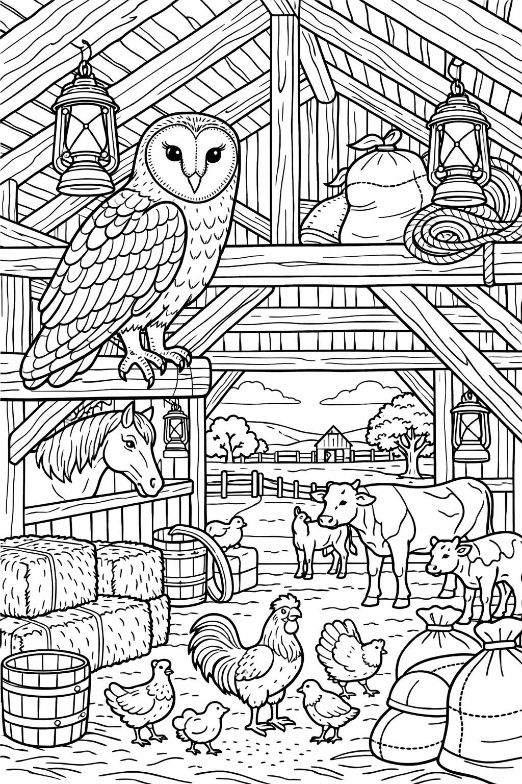 Barn interior with an owl perched on a beam, a horse in a stall, cows and piglets outside, and chickens on the ground among hay bales, barrels, and lanterns.