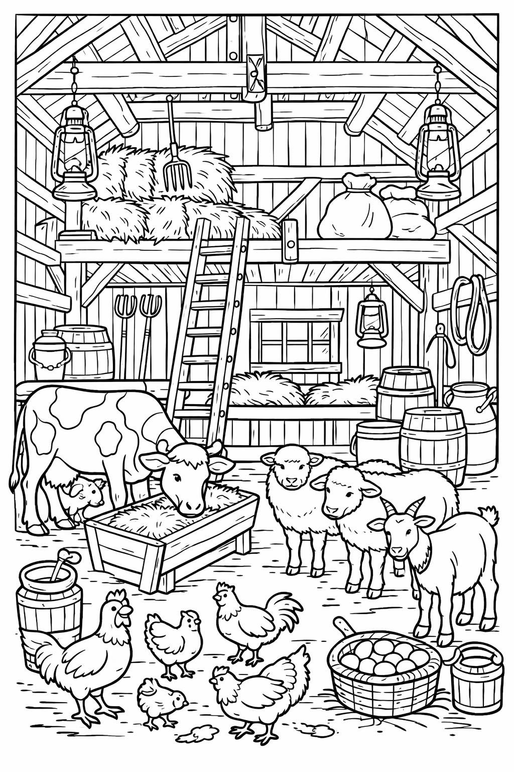 farm animals in barn coloring page | barnyard scene | printable coloring page