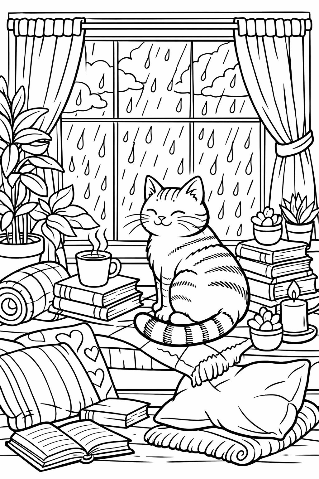 rainy park coloring page | outdoor rain scene | peaceful nature artwork