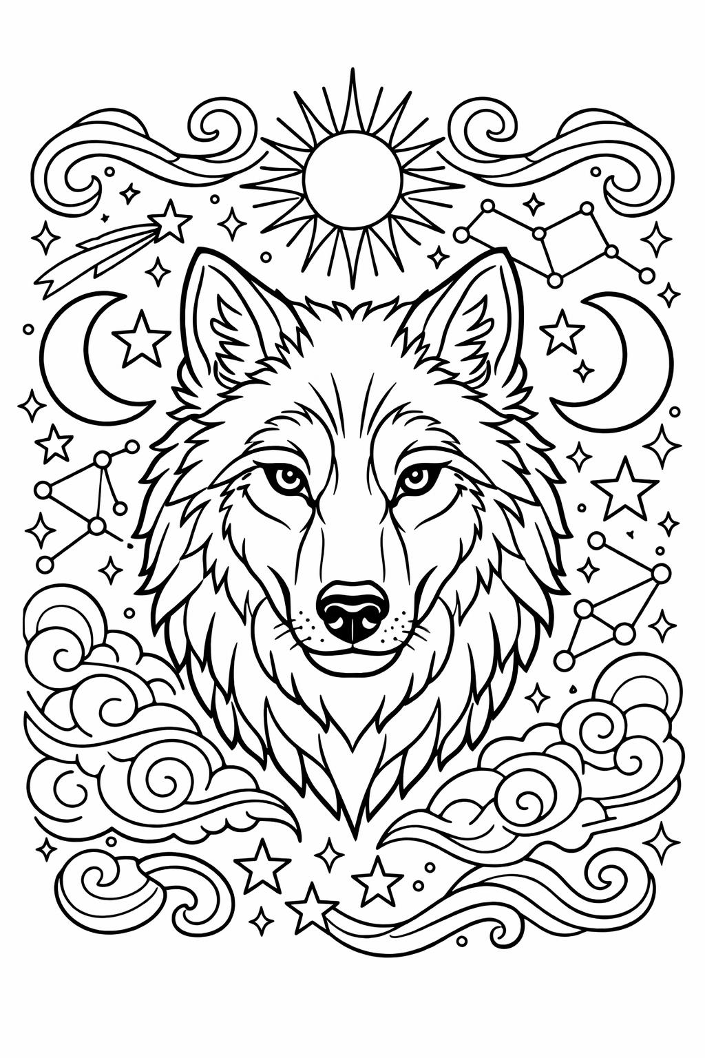 wolf coloring page for adults | detailed wolf illustration | wildlife coloring sheet