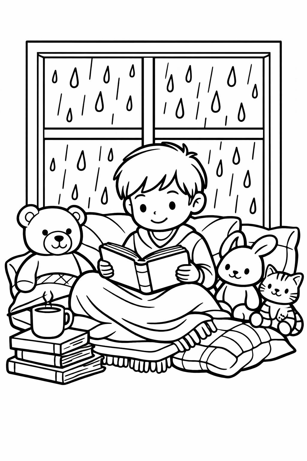 duck in rain coloring page | cute rainy day animal | playful coloring artwork