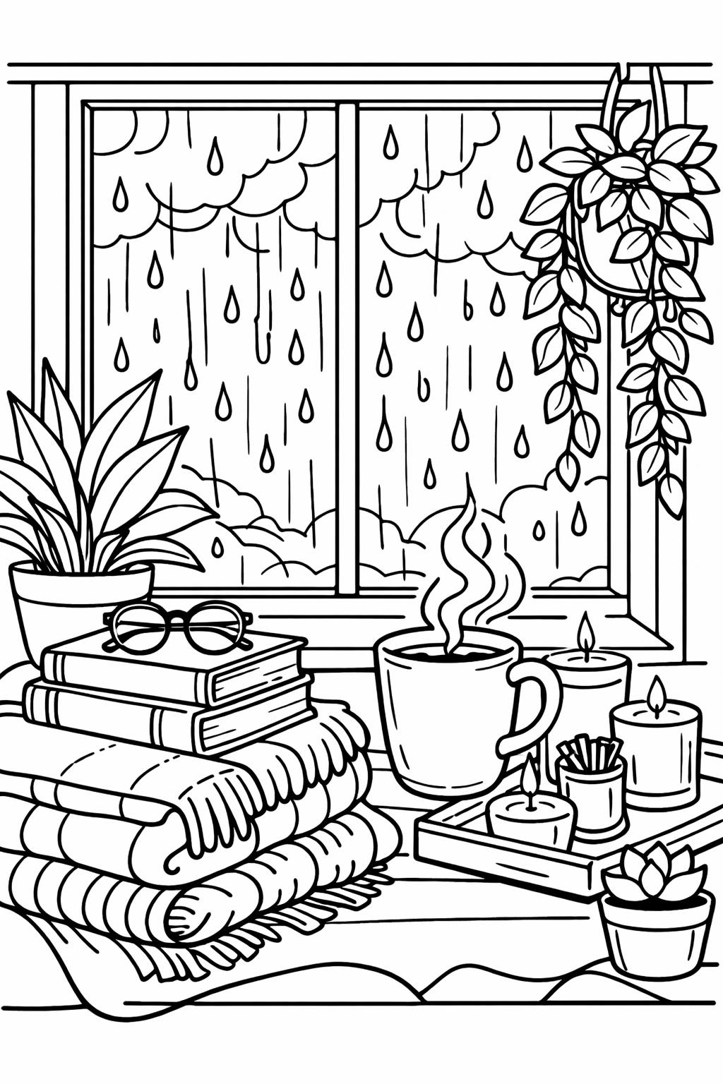 rainy cottage coloring page | cozy home in rain | relaxing scenery design