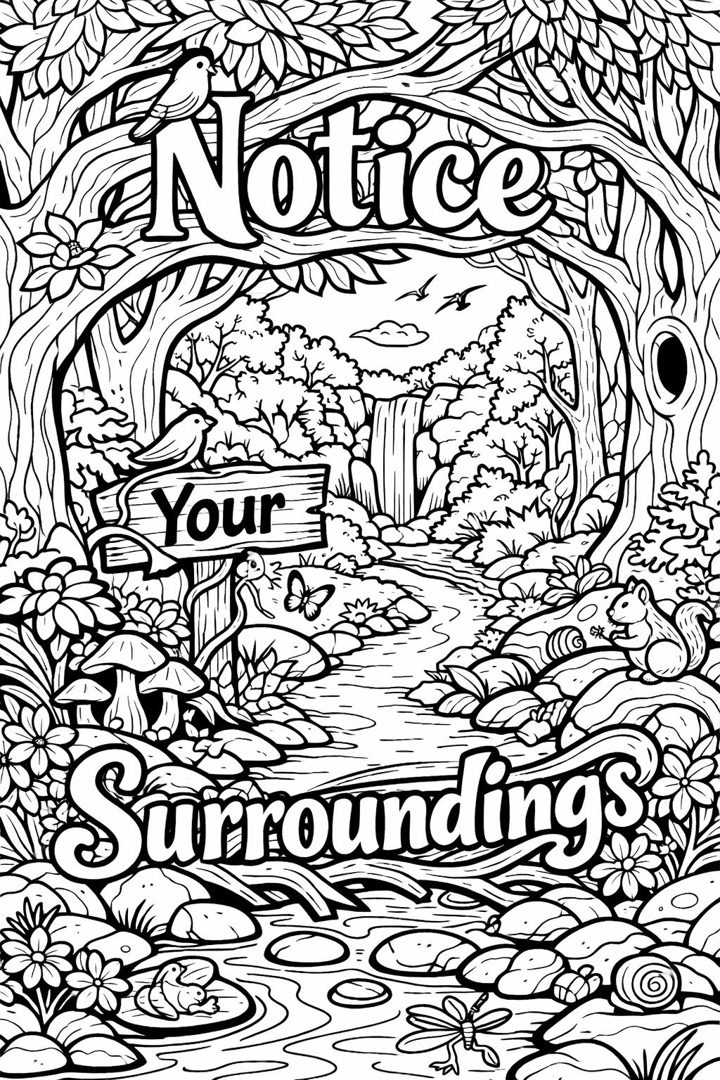 nature mindfulness coloring page | forest scene for relaxation | calming outdoor coloring sheet
