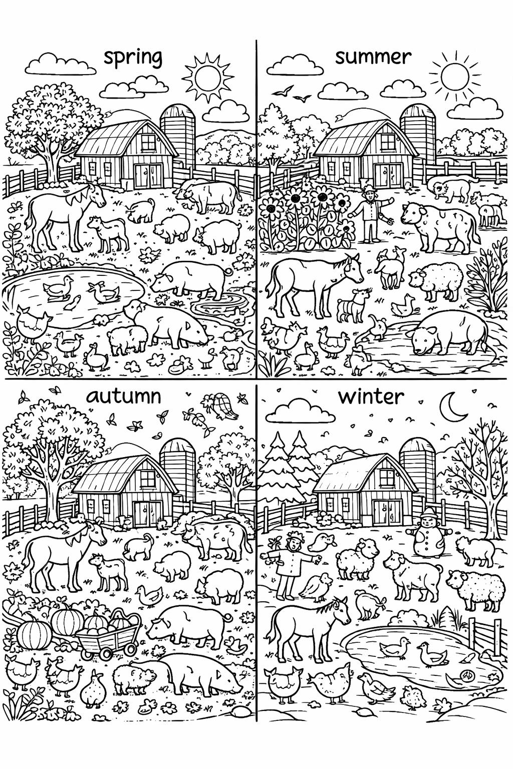 happy farm animals coloring page | smiling barnyard friends | cute coloring activity