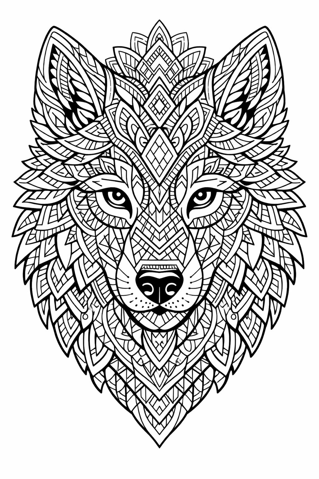wolf portrait coloring page | detailed wolf face | artistic wildlife design