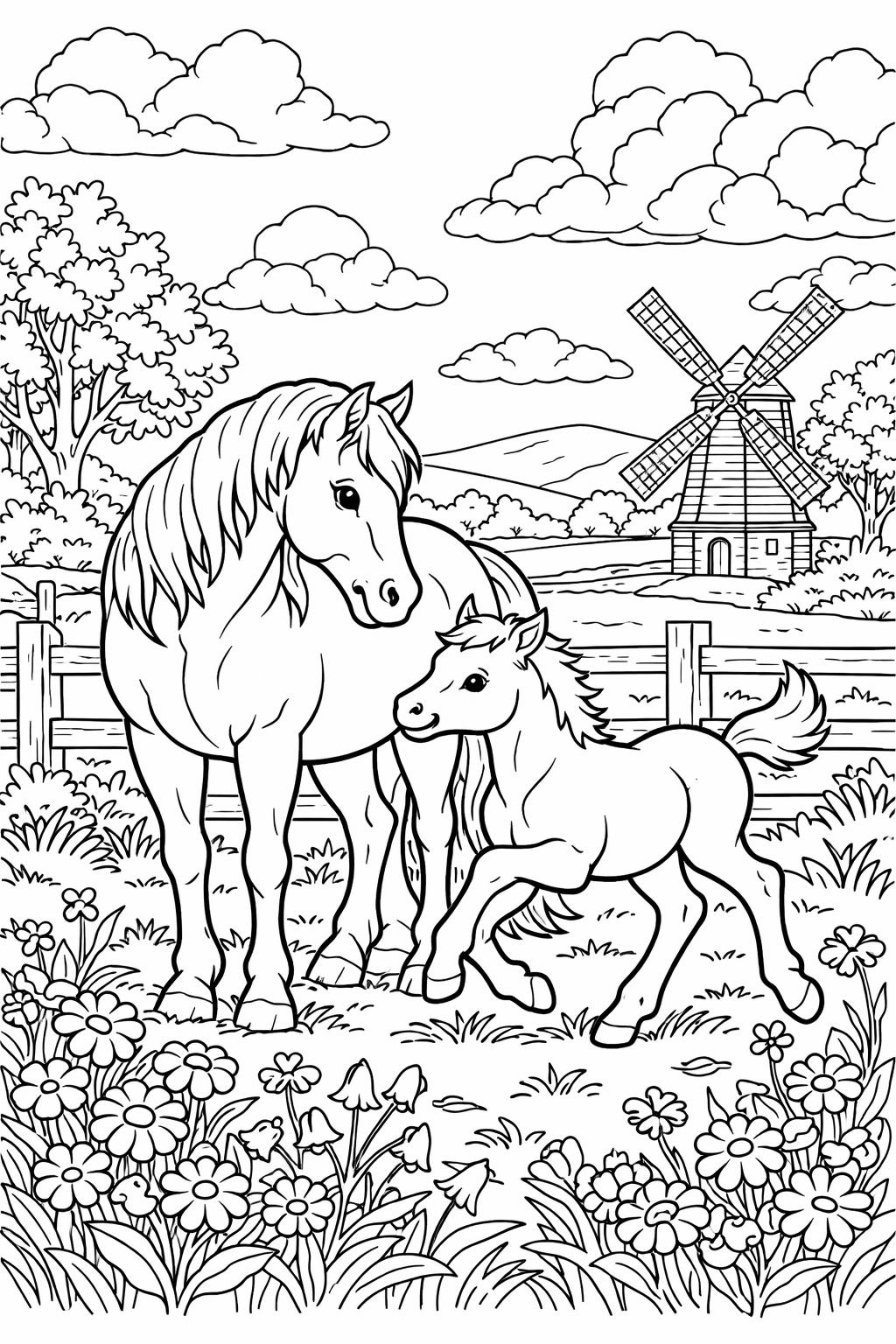 barn coloring page | farm scene illustration | countryside coloring sheet