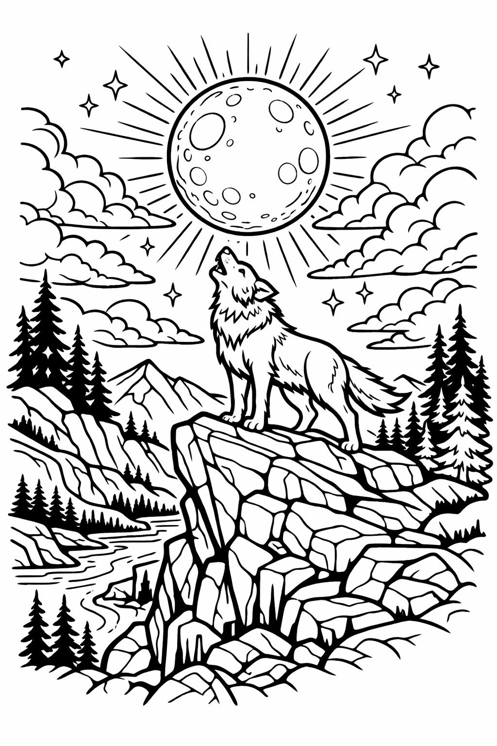 forest wolf coloring page | woodland wolf scene | nature coloring artwork