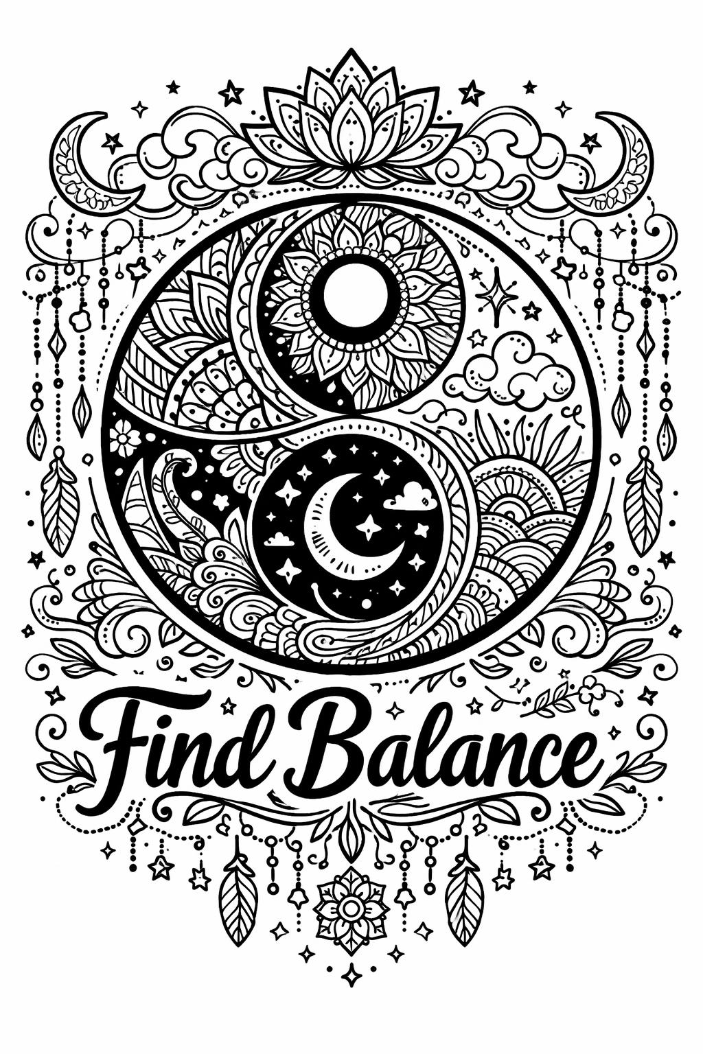 celestial coloring page | moon and stars design | calming night sky illustration
