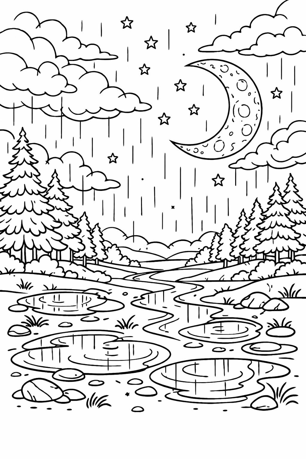 rainy forest coloring page | woodland rain scene | peaceful outdoor artwork