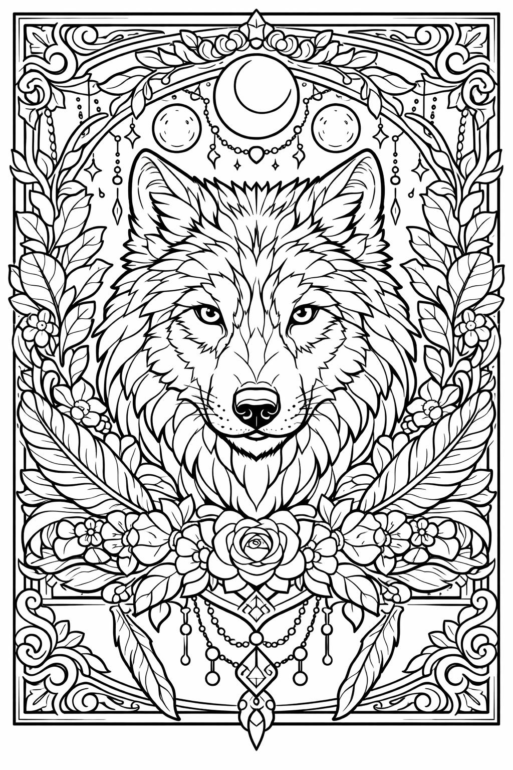 wolf and moon coloring page | nighttime wolf scene | relaxing wilderness artwork