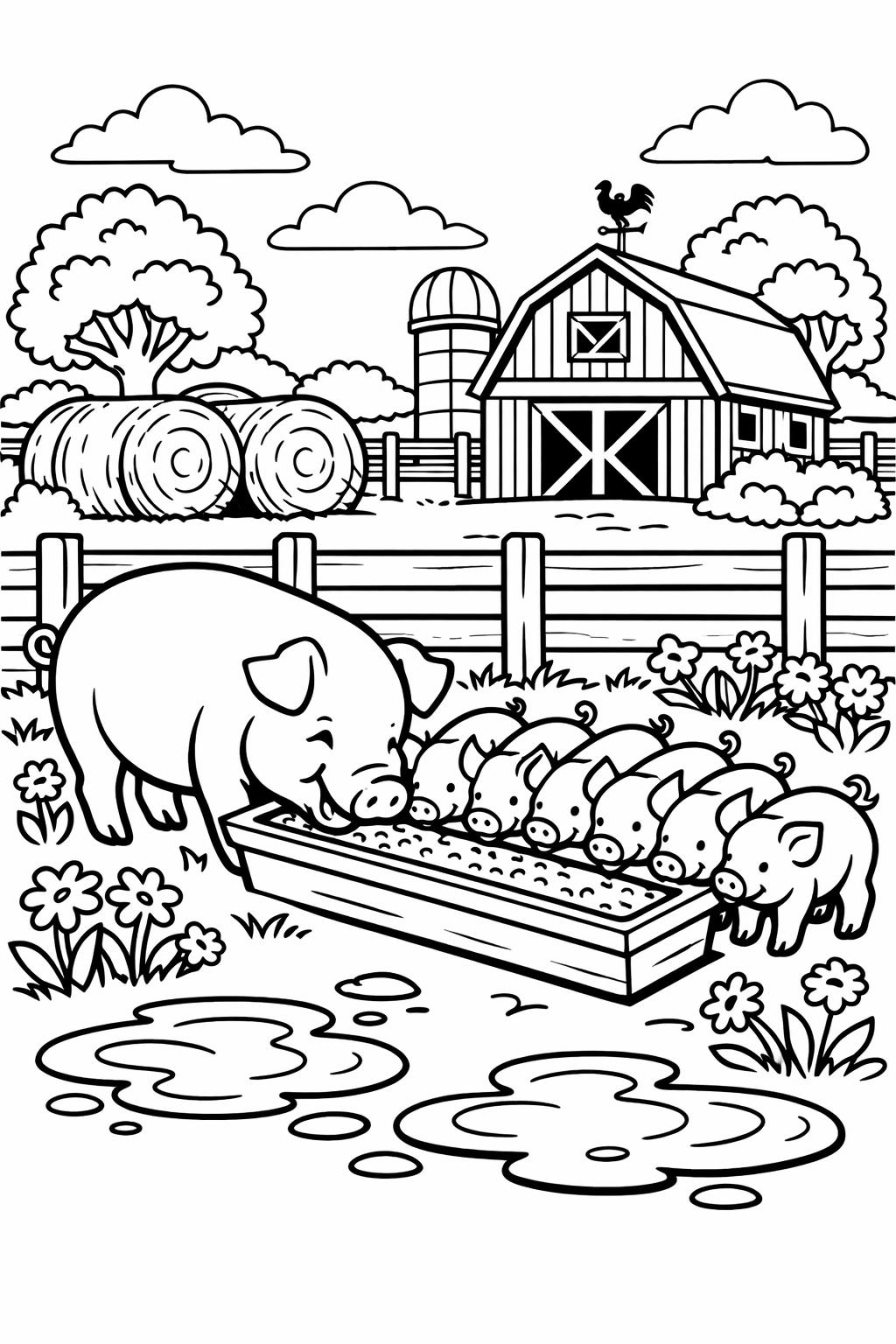 grazing farm animals coloring page | peaceful pasture scene | nature coloring page
