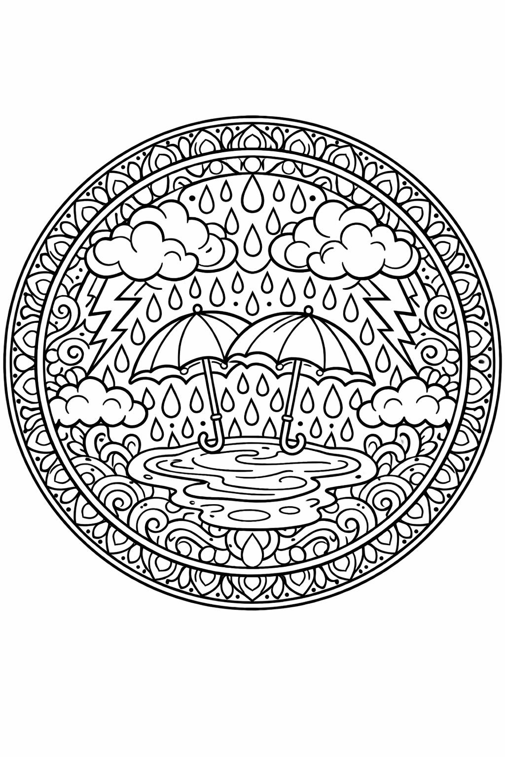 rainy garden coloring page | flowers in the rain | relaxing nature design