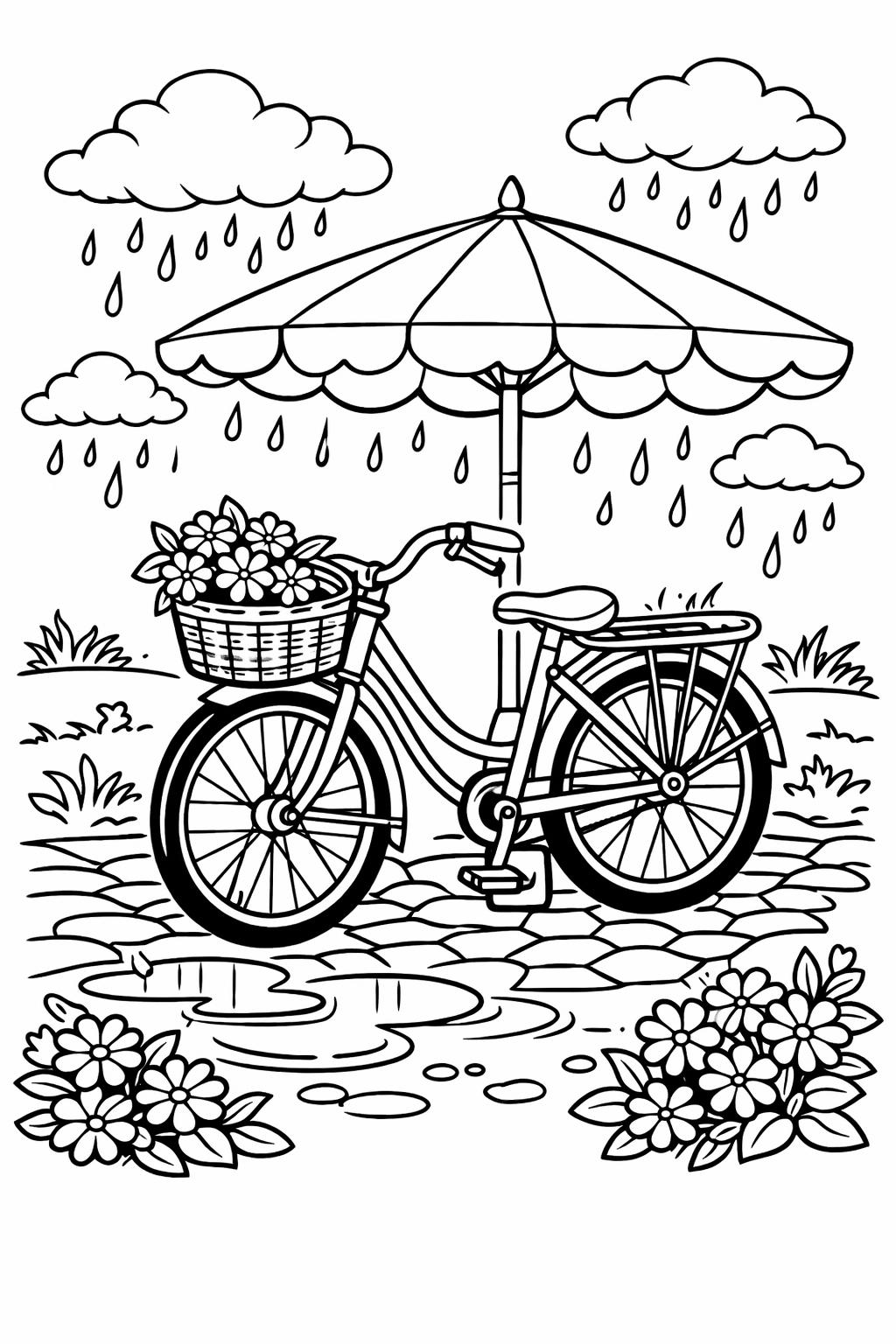 puddle coloring page | splashing rainwater scene | playful outdoor artwork