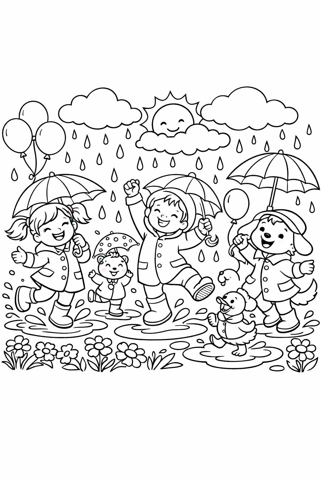 child in rain coloring page | playful rainy day fun | cheerful coloring artwork