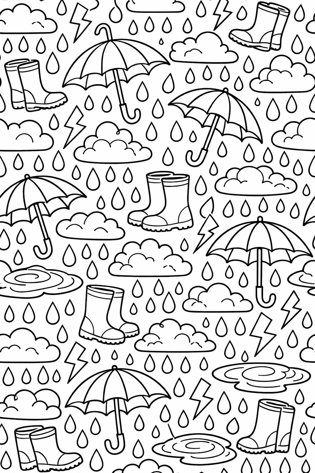 rainy city coloring page | wet street illustration | detailed weather scene