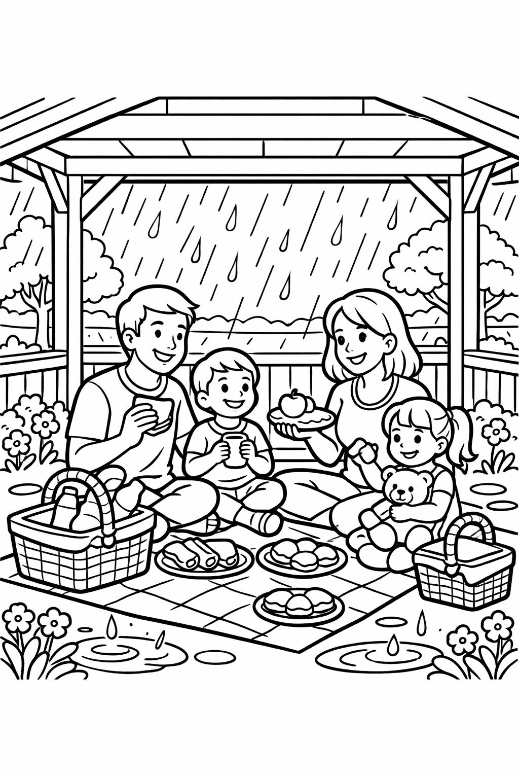 rainy landscape coloring page | outdoor rain scenery | peaceful nature artwork