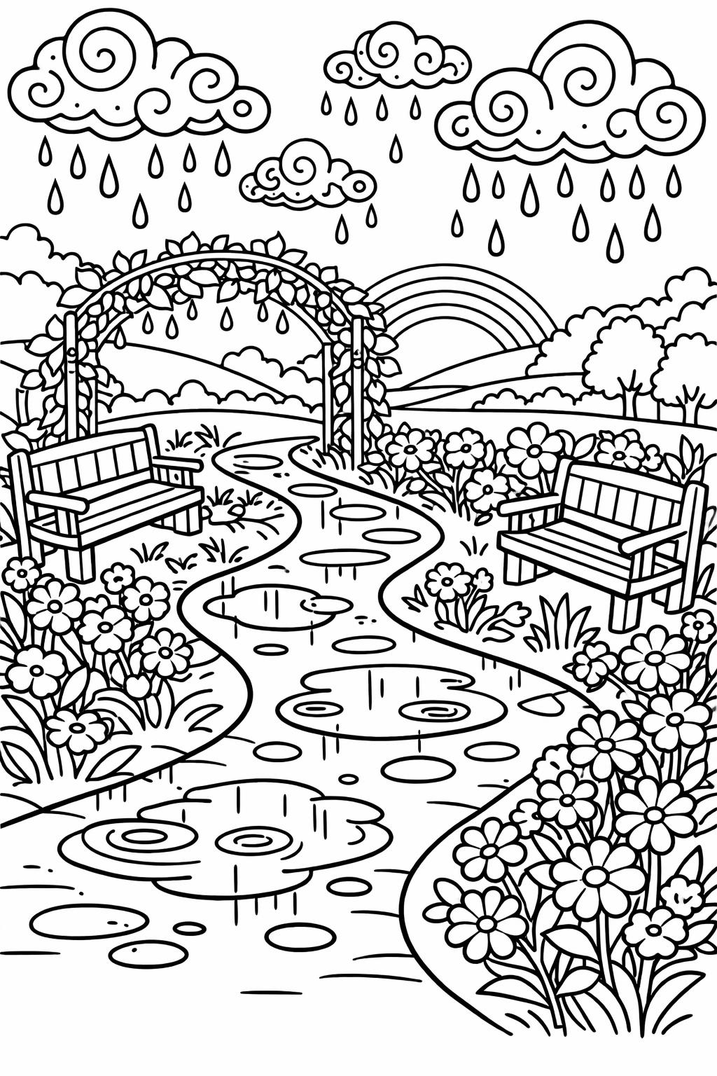 rain boots coloring page | puddle jumping illustration | playful rainy design