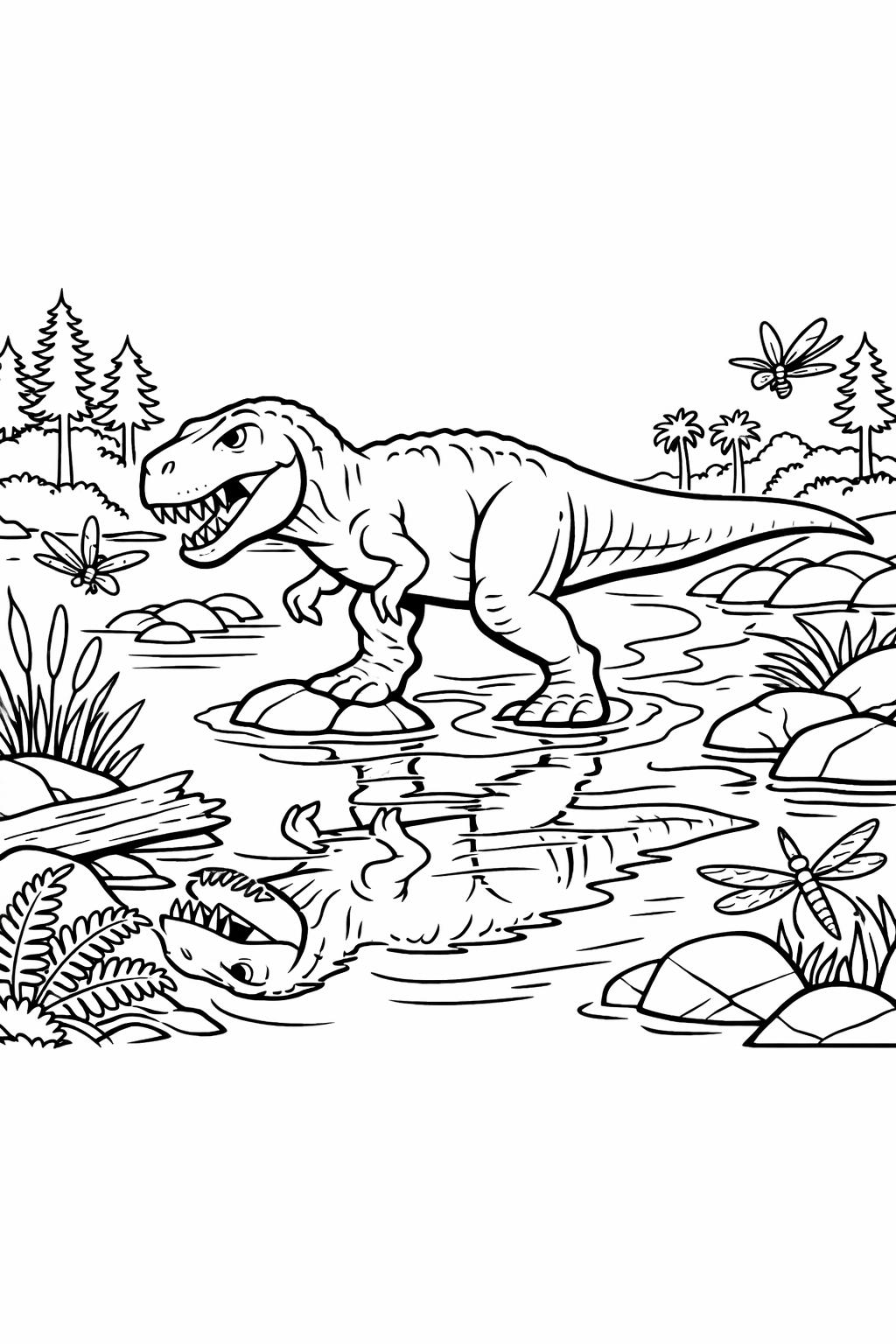 Line drawing of a T-rex standing in a swamp with rocks, plants, and dragonflies in the air.