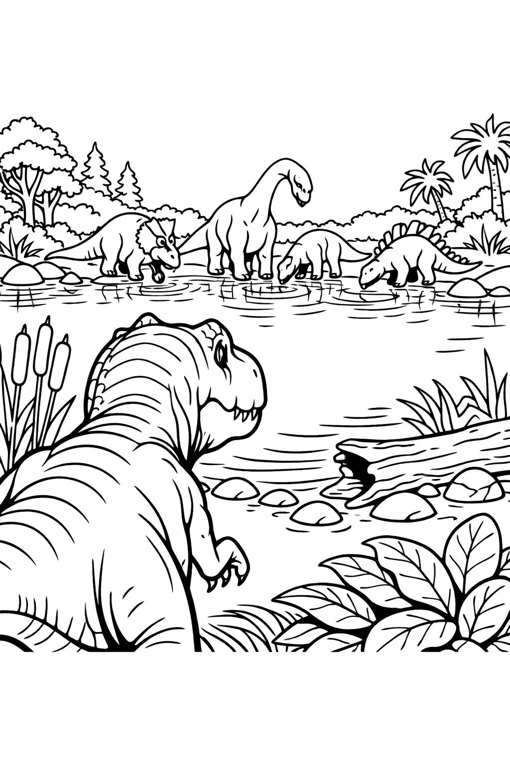 T Rex roaring coloring page | fierce dinosaur scene | printable prehistoric artwork