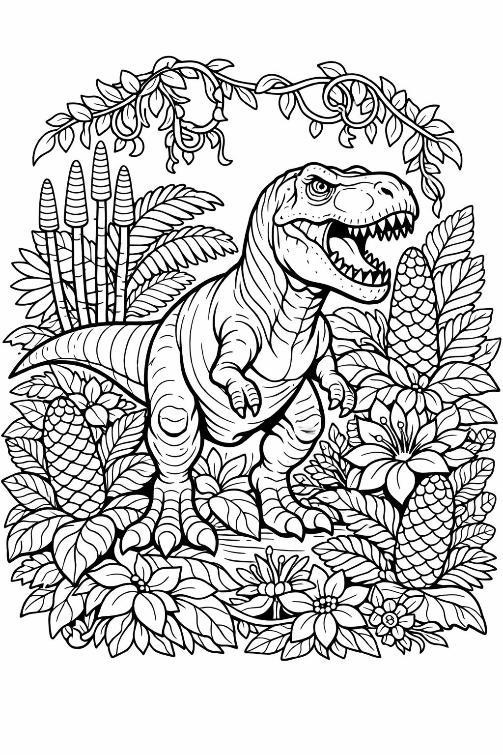 scary T Rex coloring page | fierce dinosaur illustration | fun prehistoric activity