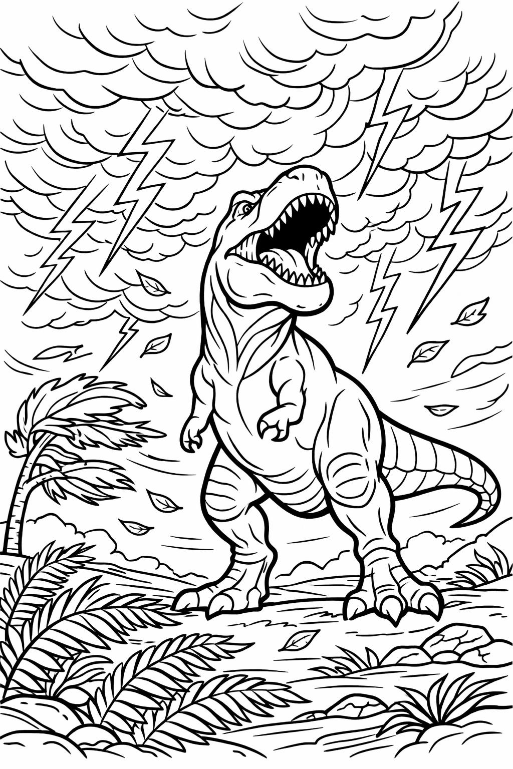 T Rex running coloring page | action dinosaur scene | fun printable coloring sheet