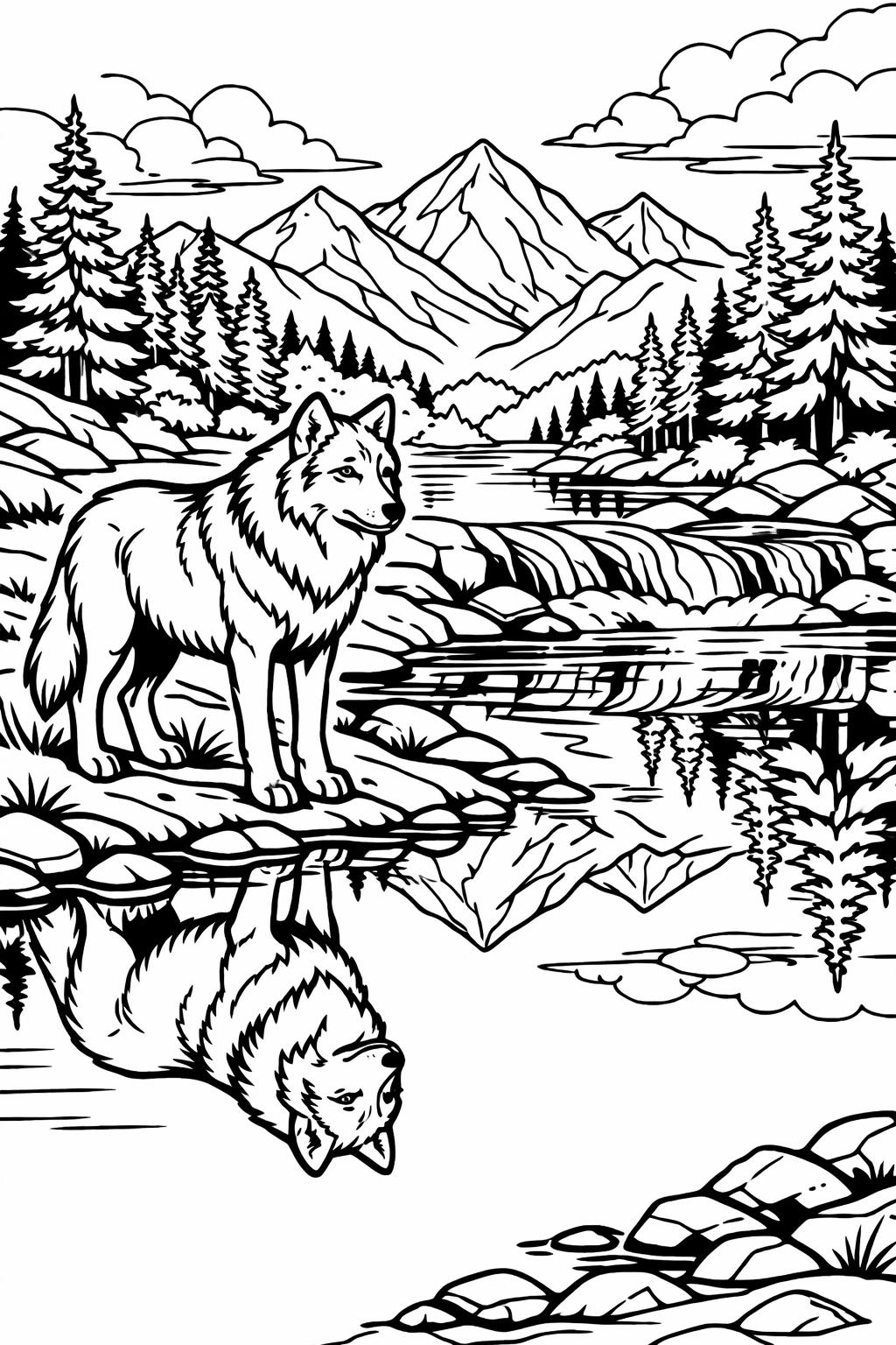 Wolf stands on a rocky lakeshore in a pine forest, with mountains in the background and its reflection in the calm water.