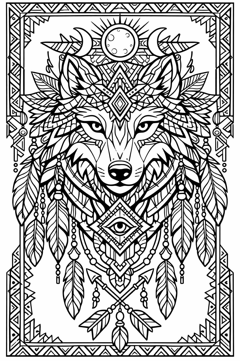 Intricate line drawing of a wolf's head with feathers and jewelry, framed by a geometric border.