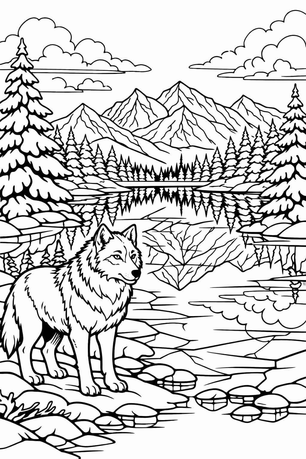 wolf pack coloring page | multiple wolves illustration | wildlife scene artwork